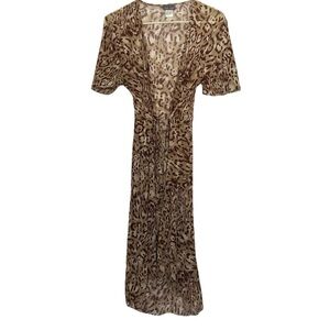 Jordan Taylor Maxi Dress L Brown Animal Print Mesh Tie V-Neck Short Sleeve